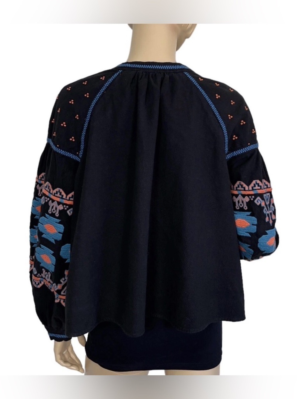 Free People Embroidered Tie-Front Boho Jacket Southwestern Puff Sleeve Black - Picture 6 of 12